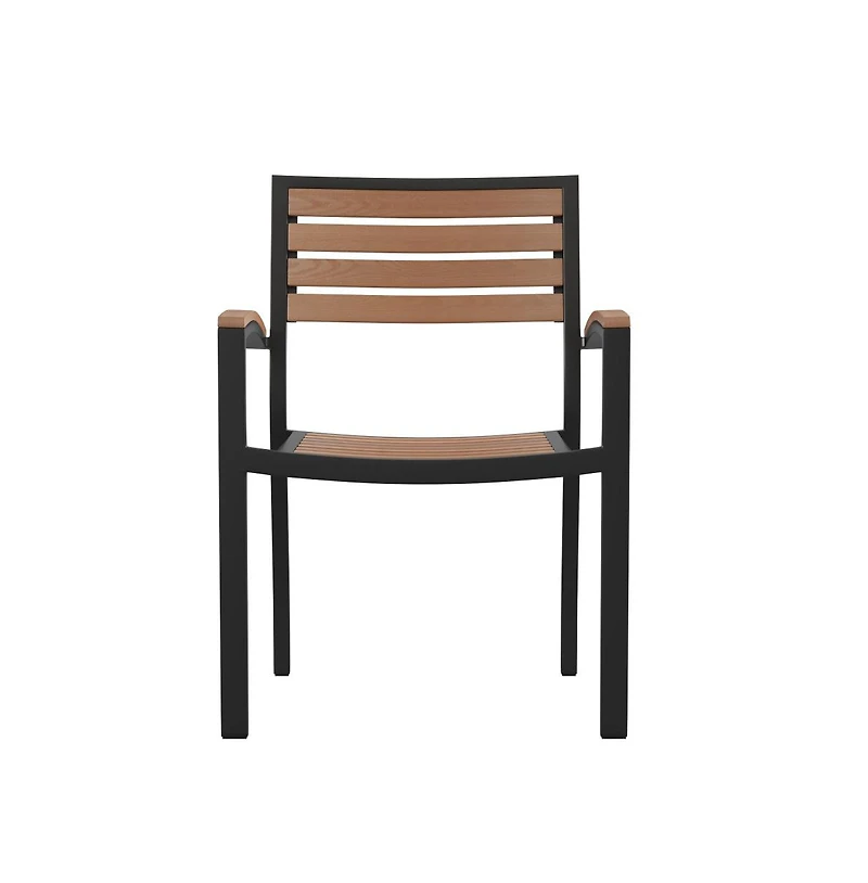 Set Of Two Aluminum Stacking Chairs With Faux Teak Slatted Back And Seat And Faux Teak Accented Arms