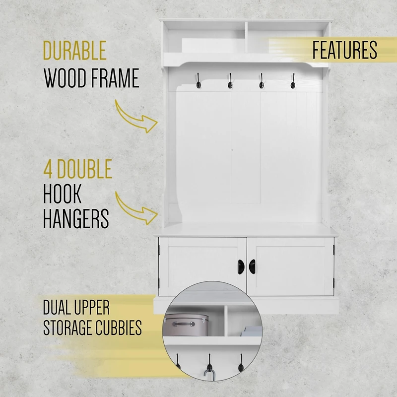 Hall Tree With Double Door Entryway Storage Bench, 4 Hook Coat Rack, Top Storage Cubbies