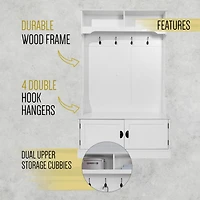 Hall Tree With Double Door Entryway Storage Bench, 4 Hook Coat Rack, Top Storage Cubbies