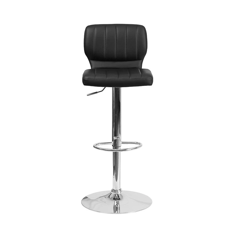 Set Of Two Swivel Bar Stools With Vertical Stitched Back And Adjustable Chrome Base Footrest