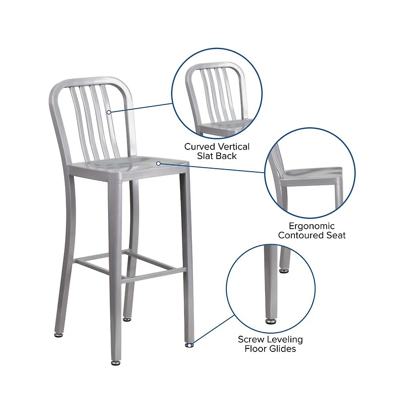 Merrick Lane Santorini 30 Inch Galvanized Steel Indoor/Outdoor Counter Bar Stool With Slatted Back And Powder Coated Finish