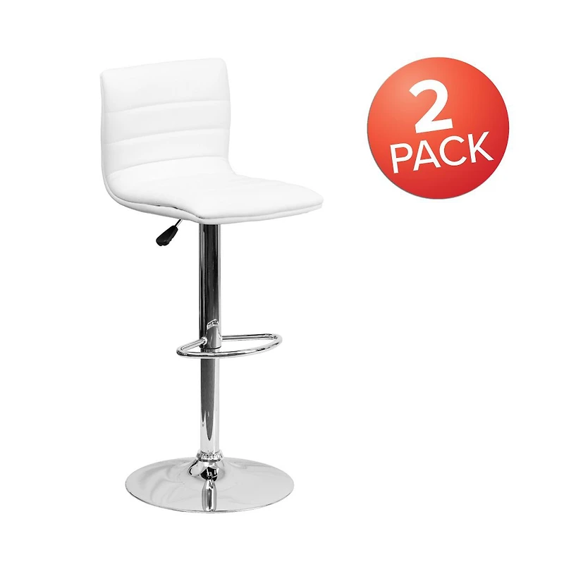 Modern Vinyl Adjustable Height Barstool With Horizontal Stitch Back, Set Of 2