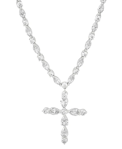 Arabella Cubic Zirconia Mixed Cut Cross 18" Pendant Necklace in Sterling Silver