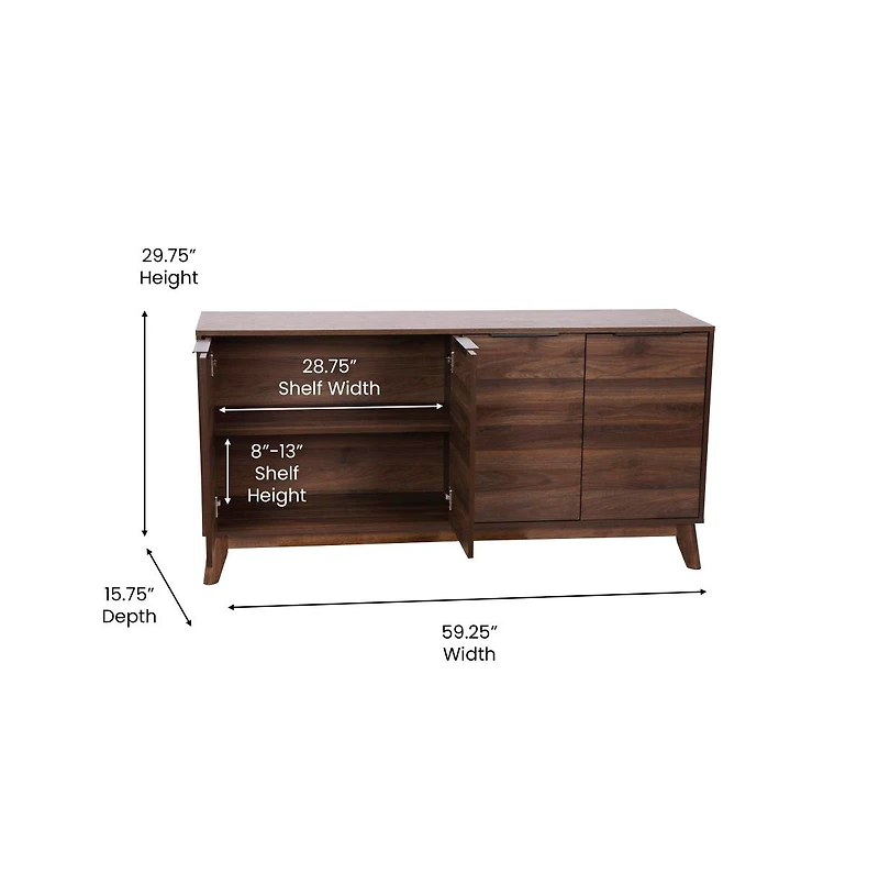 Emma+Oliver Beverly Mid-Century Modern Wooden Buffet With Soft Close Doors, Shelving And Sleek Tapered Legs With Protective Floor Glides