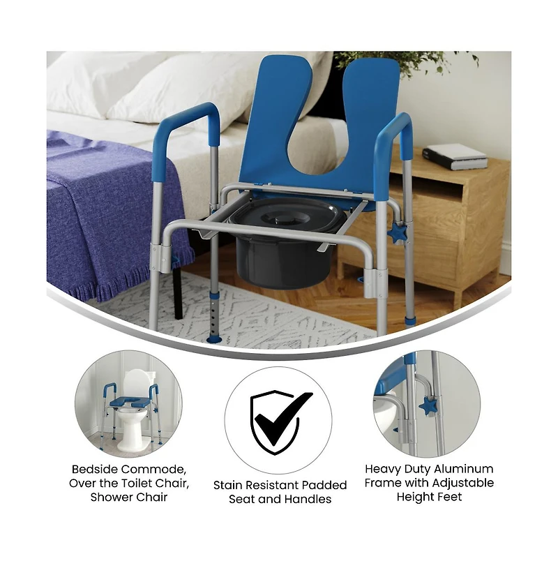 Maury Shower Commode Chair With Safety Rail, Height Adjustable Frame, Padded Seat & Armrests, Removable Pail Lid, Fits Most Toilets
