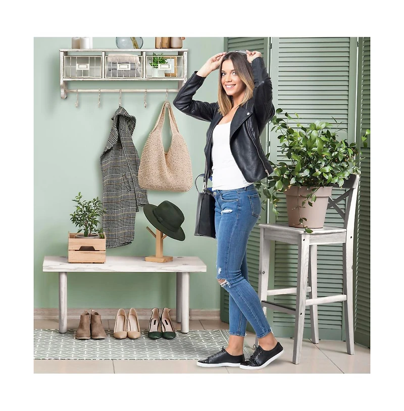 Rustic Coat Rack Wall Mounted Shelf With Hooks & Baskets, Entryway Organizer 5 And Cubbies