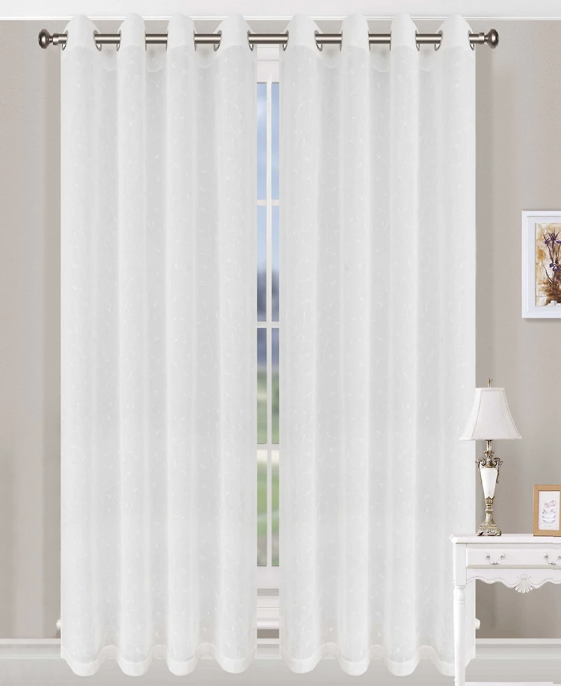 Superior Traditional Embroidered Delicate Flower Farmhouse Sheer Grommet 2-Piece Curtain Panel Set with Grommet Header Top