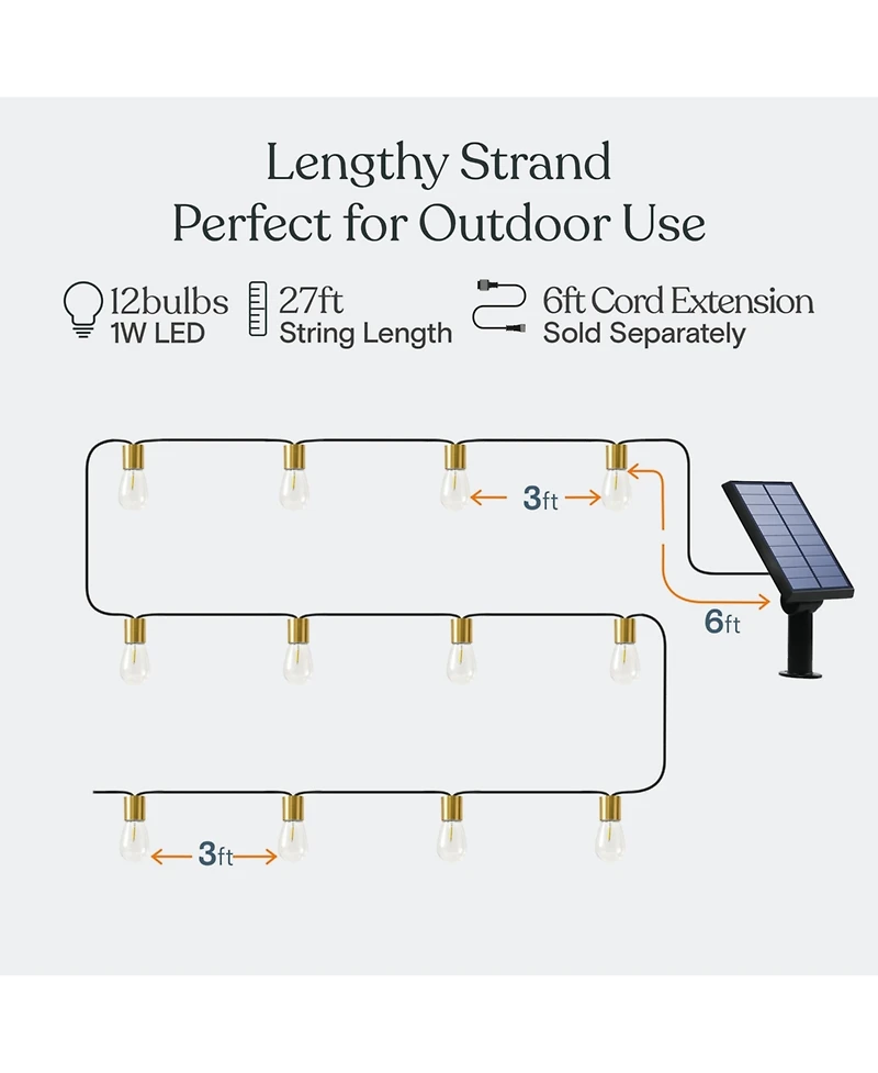 Brightech Glow 27ft Solar Powered Led Outdoor String Lights with Brass Hardware