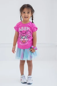 Sesame Street Baby Girls Elmo Abby Cadabby T-Shirt Tulle Skirt and Scrunchie 3 Piece Outfit Set to