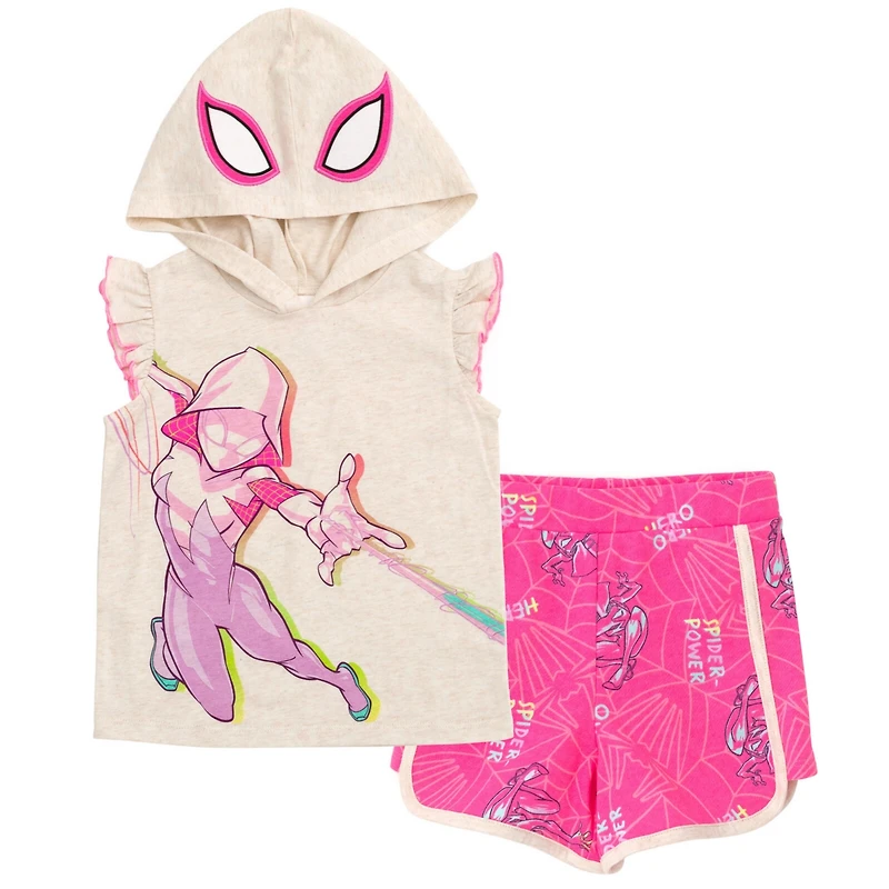 Spiderman Little Girls Marvel Spider-Man Spider-Gwen Ghost Spider Cosplay Hooded Tank Top & French Terry Shorts Outfit Set to
