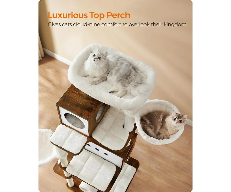 Slickblue Tall Modern Cat Tower, Multi-Level Cat Condo with 2 Caves, 2 Baskets, 4 Scratching Posts