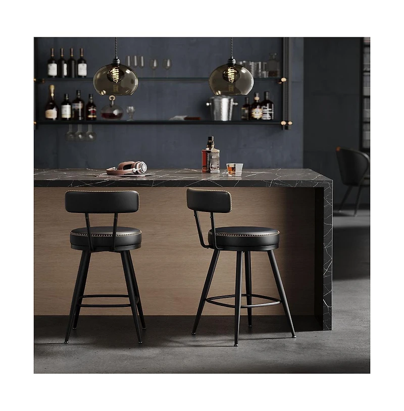 Set of 2 Swivel Bar Stools with Cushioned Backs and Faux Leather Upholstery