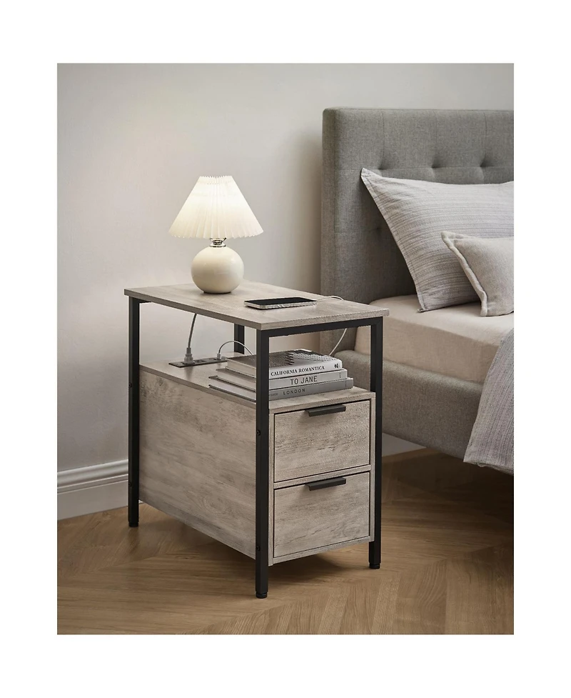 Narrow Nightstand Side Table With Usb Ports, Charging Station And Drawers