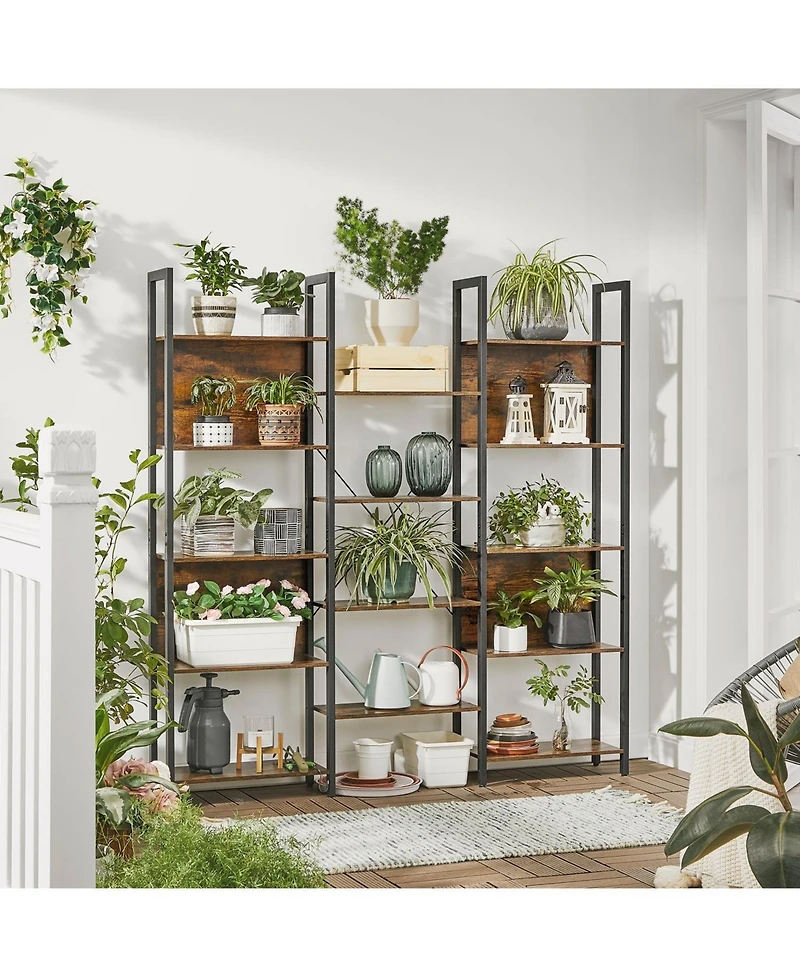 Triple Wide 5 Tier Bookshelf, Bookcase With 14 Storage Shelves, Metal Frame, Living Room