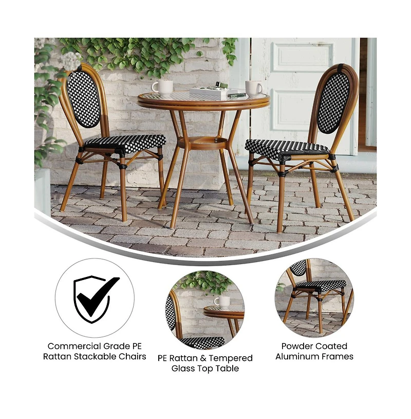 Merrick Lane Celia Bistro Style Table With Glass Top, Pe Rattan, Stack Chairs