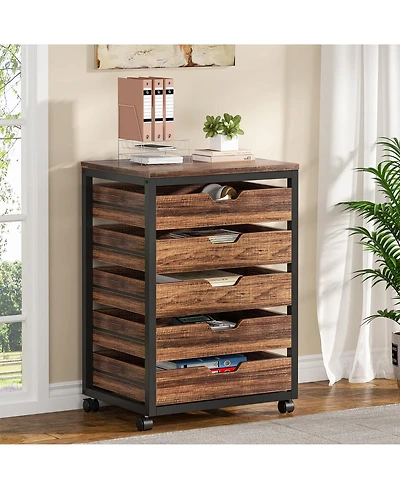 Tribesigns 5 Drawer Chest, Wood Storage Dresser Cabinet with Wheels, Industrial Storage Drawer Organizer Cart for Office Bedroom Entryway