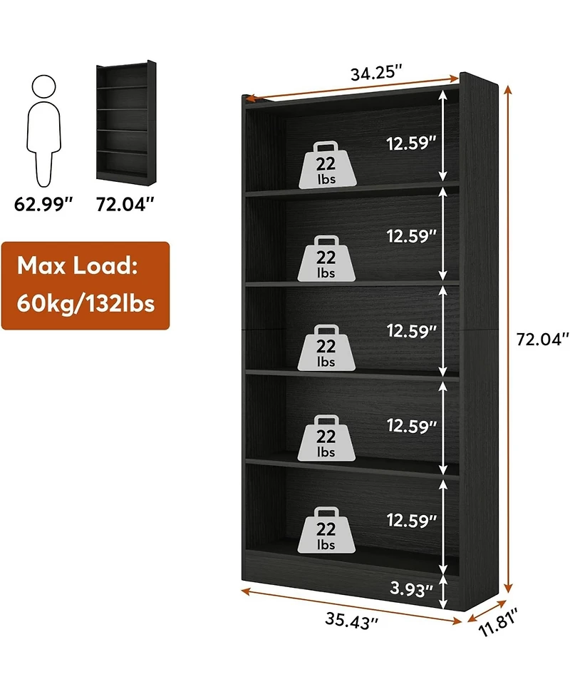 Tribesigns 72-inch Tall Bookcase, Modern 6-Tier Black Library Bookshelf with Storage Shelves, Large Open Bookcases Wood Shelving Unit for Bedroom Livi