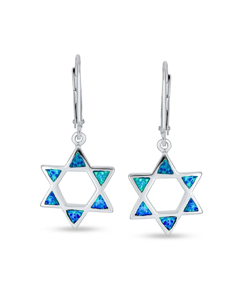 Bling Jewelry Created Blue Opal Religious Judaica Magen Hanukkah Star Of David Leverback Dangle Earrings Bat Mitzvah Sterling Silver