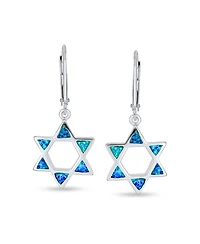 Bling Jewelry Created Blue Opal Religious Judaica Magen Hanukkah Star Of David Leverback Dangle Earrings Bat Mitzvah Sterling Silver