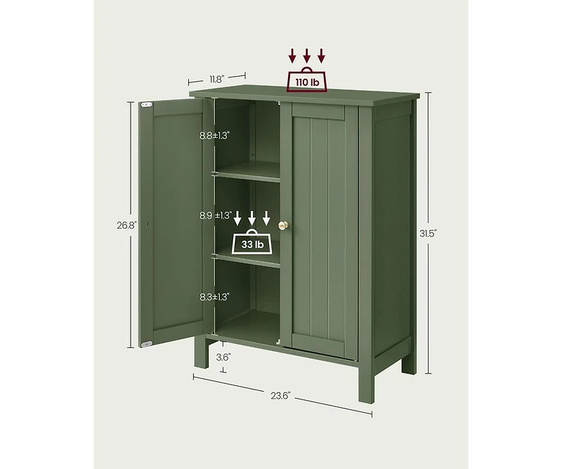 Floor Storage Cabinet for Bathroom with 2 Flexible Shelves and Closed Door