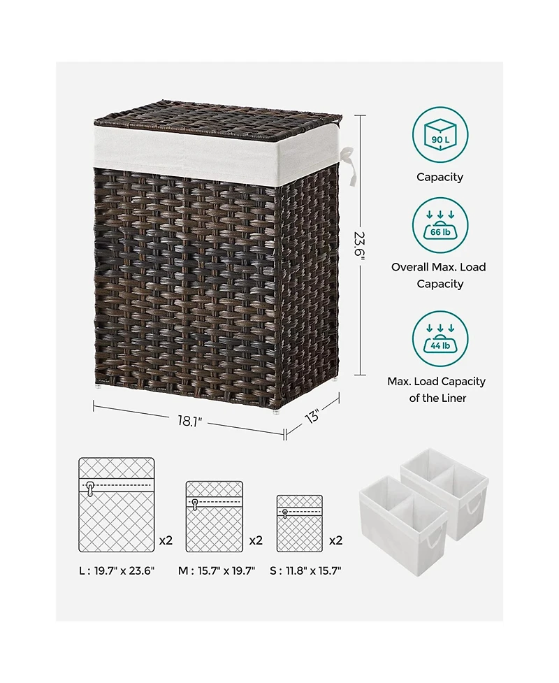 Slickblue Synthetic Rattan Laundry Hamper with Lid, 2 Sections Removable Liner Bag