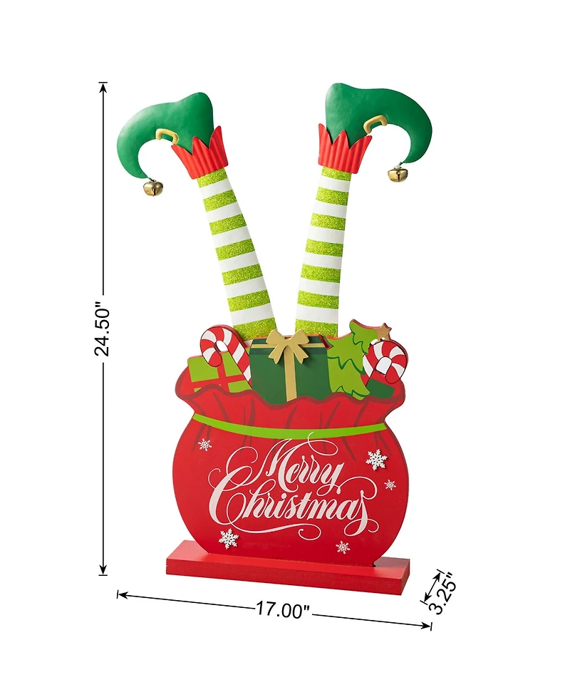 Glitzhome 24.5"H Christmas Wooden/Metal Elf Legs in Gift Box Porch Decor