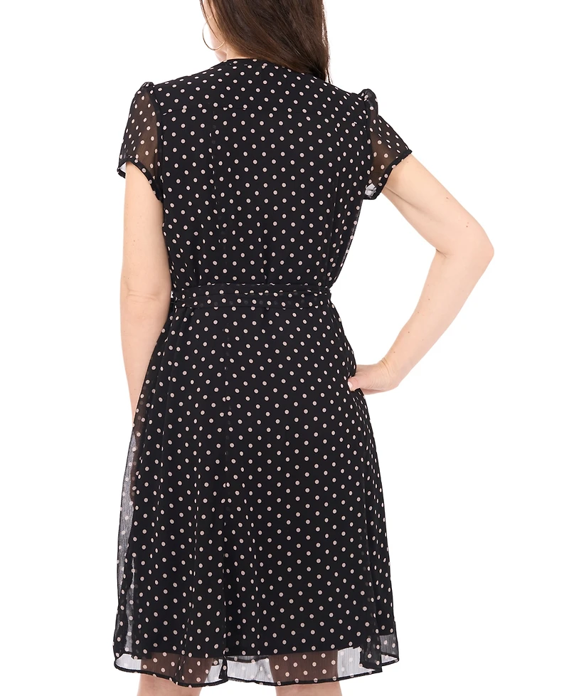Msk Petite Dot-Print Split-Neck Short-Sleeve Dress
