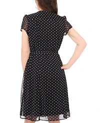 Msk Petite Dot-Print Split-Neck Short-Sleeve Dress