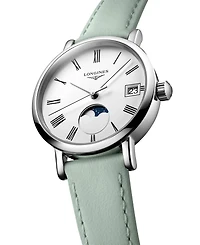 Longines Women's Swiss Elegant Moonphase Green Leather Strap Watch 30mm