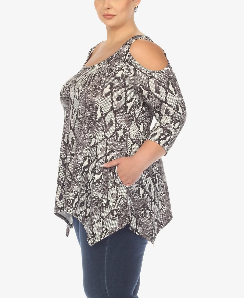 White Mark Plus Snake Print Cold Shoulder Tunic Top