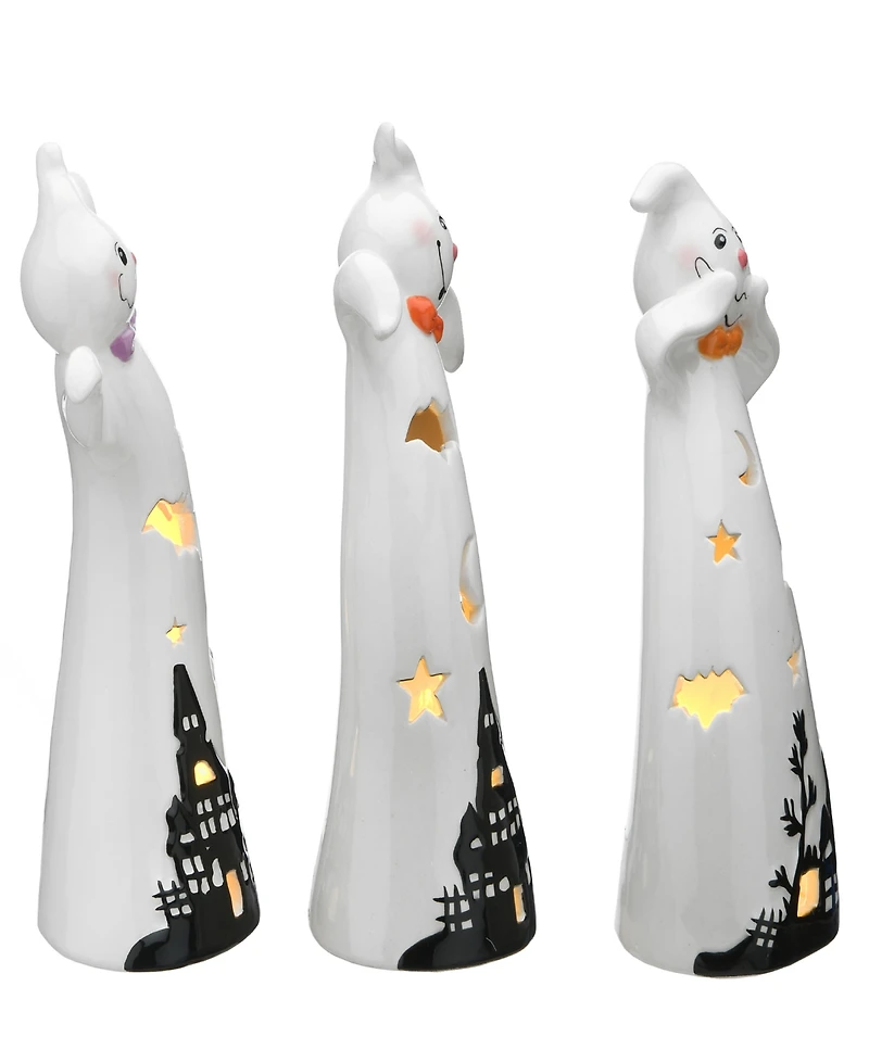 National Tree Company 7" Three Dancing Ghosts Ceramic Decoration, Led Lights, Pack of 3, Halloween Collection