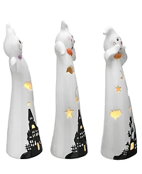 National Tree Company 7" Three Dancing Ghosts Ceramic Decoration, Led Lights, Pack of 3, Halloween Collection