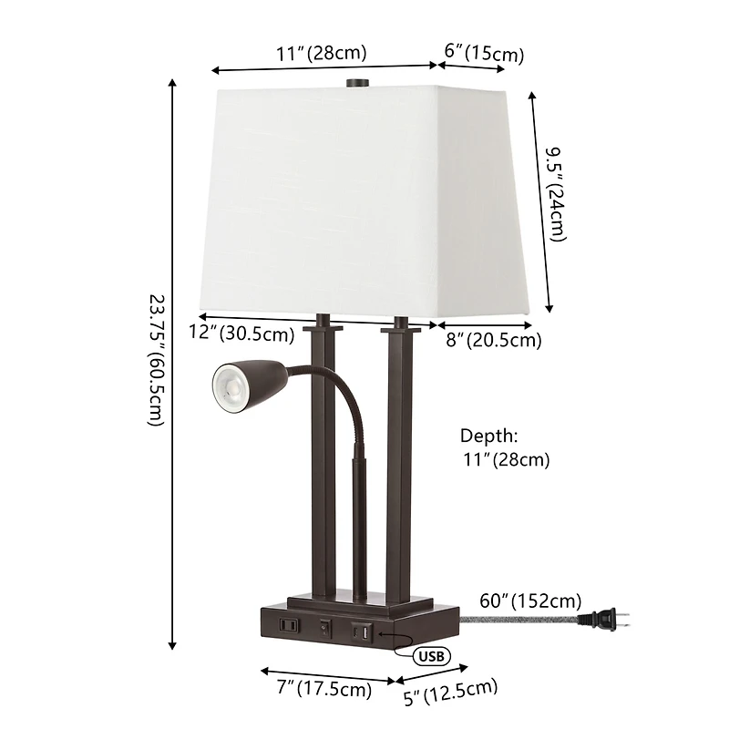 Jonathan Y Blaire 23.75" 2-Light Modern Farmhouse Metal Led Table Lamp with Usb Charging port, Adjustable Reading Light and Ac Outlet, Oil Rubbed Bron