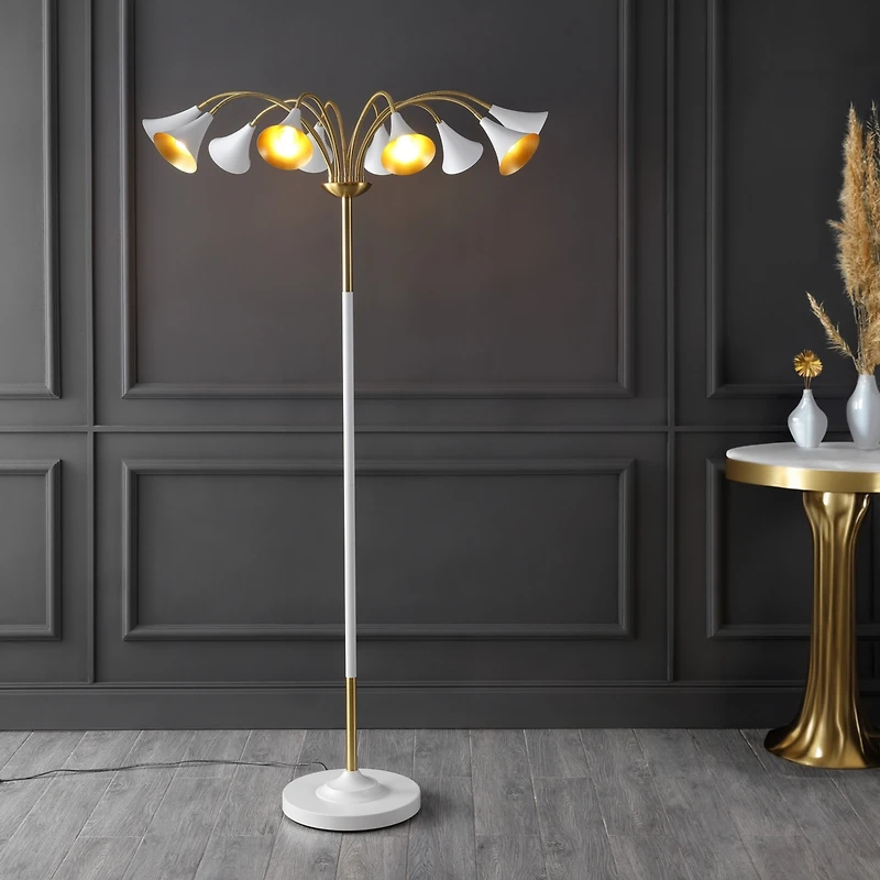 Jonathan Y Vivian 61" 10-Light Mid-Century Modern Iron Medusa Multi Head Led Floor Lamp, White/Brass Gold