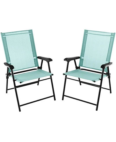 Gymax Set of 2 Patio Folding Chairs Outdoor Portable Pack Lawn Chairs w/ Armrests Mint Green
