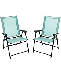 Gymax Set of 2 Patio Folding Chairs Outdoor Portable Pack Lawn Chairs w/ Armrests Mint Green