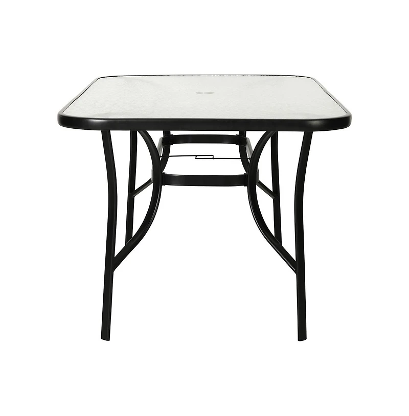 Emma+Oliver Tala Rectangular Tempered Glass Top Patio Table With Umbrella Hole And Black Steel Tube Frame
