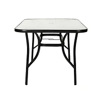Emma+Oliver Tala Rectangular Tempered Glass Top Patio Table With Umbrella Hole And Black Steel Tube Frame