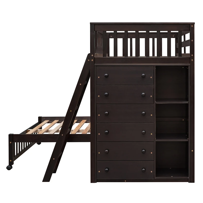 Simplie Fun Wooden Twin Over Full Bunk Bed with Drawers, Shelves, and Wheels Espresso