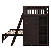 Simplie Fun Wooden Twin Over Full Bunk Bed with Drawers, Shelves, and Wheels Espresso