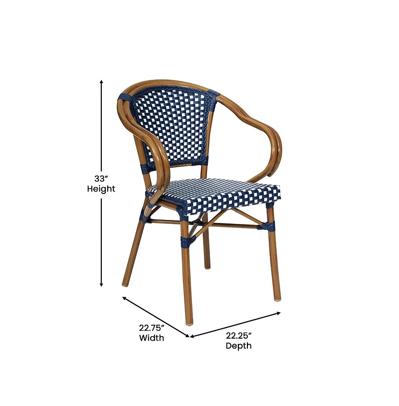 Merrick Lane Sacha Stacking Thonet Bistro Style Chair With Arms, Pe Rattan Seat, And Bamboo Finished Metal Frame For Indoor/Outdoor Use