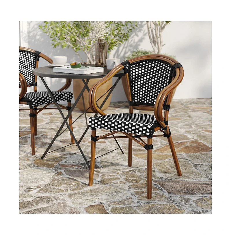 Merrick Lane Sacha Stacking Thonet Bistro Style Chair With Arms, Pe Rattan Seat, And Bamboo Finished Metal Frame For Indoor/Outdoor Use
