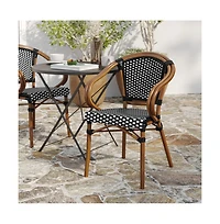 Merrick Lane Sacha Stacking Thonet Bistro Style Chair With Arms, Pe Rattan Seat, And Bamboo Finished Metal Frame For Indoor/Outdoor Use