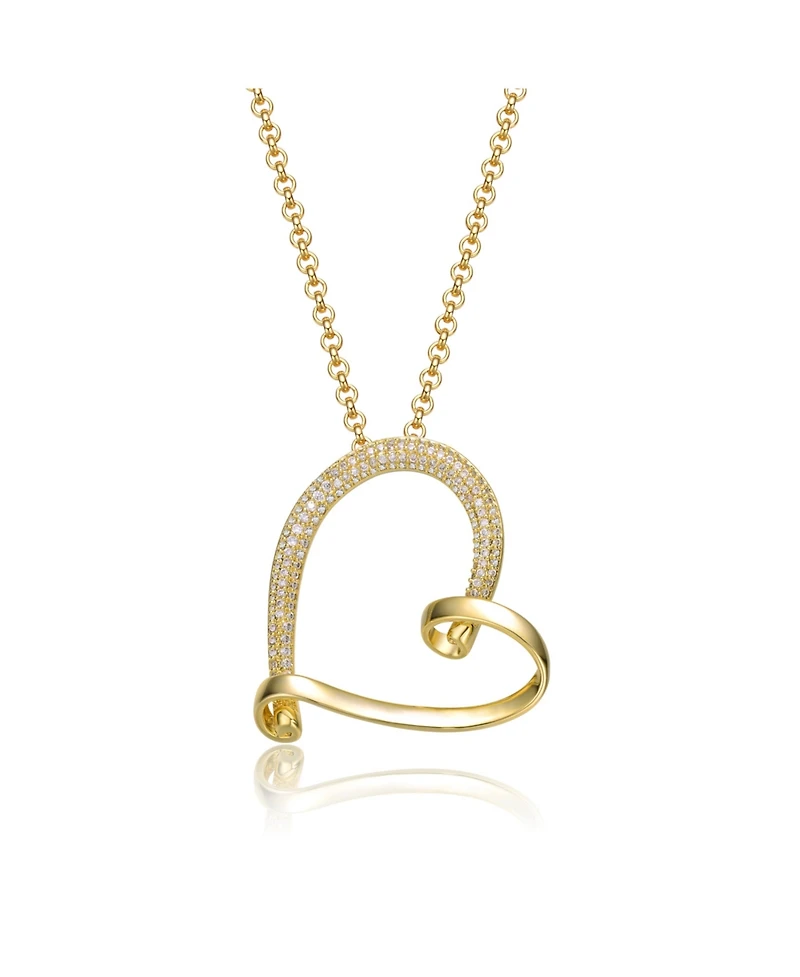 14k Yellow Gold Plated with Cubic Zirconia Open Ribbon Heart Asymmetrical Pendant Necklace