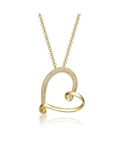 14k Yellow Gold Plated with Cubic Zirconia Open Ribbon Heart Asymmetrical Pendant Necklace