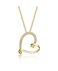 14k Yellow Gold Plated with Cubic Zirconia Open Ribbon Heart Asymmetrical Pendant Necklace