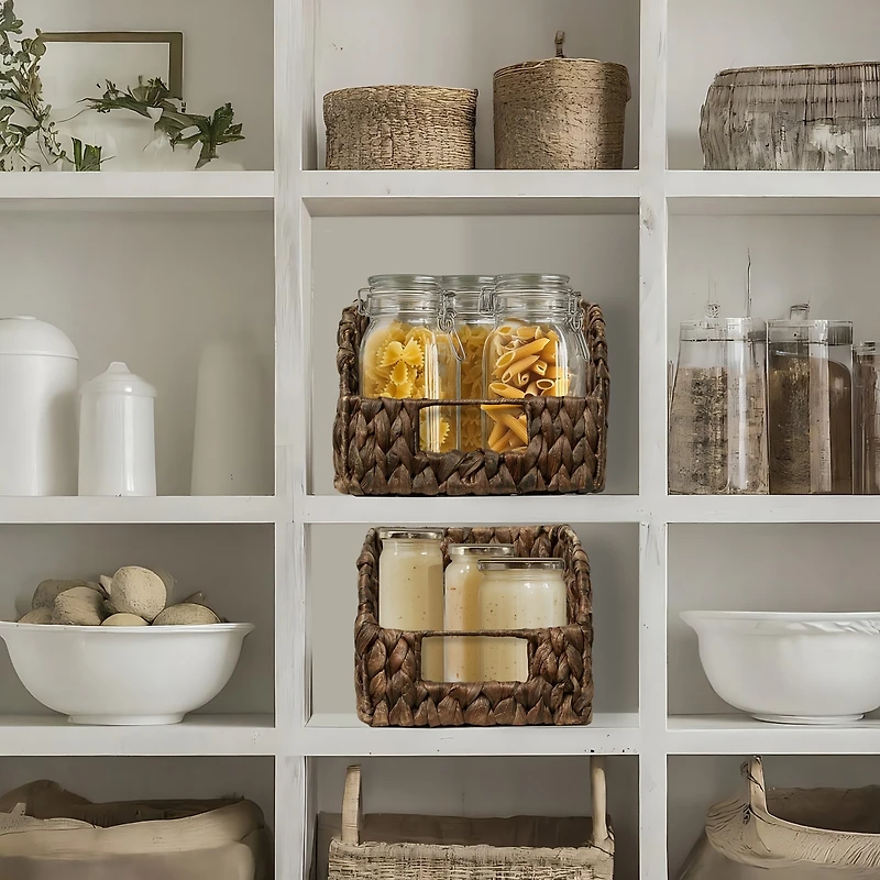 Casafield (Set of 2) Water Hyacinth Pantry Baskets with Handles - Natural, Medium and Large Woven Storage for Kitchen Shelves