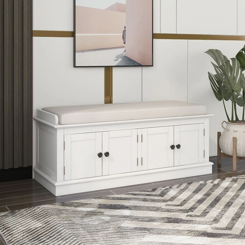 Streamdale 4-Door Storage Bench with Adjustable Shelves, Cushioned Shoe Bench