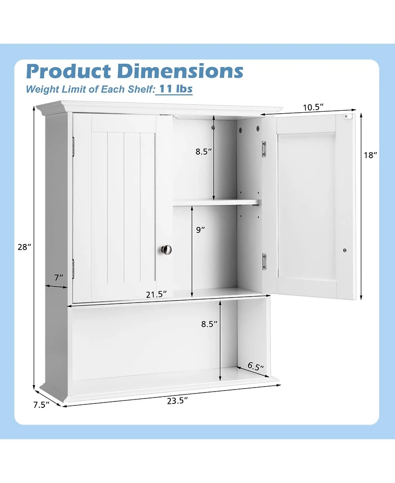 Sugift Wall Mount Bathroom Cabinet Storage Organizer with Doors and Shelves