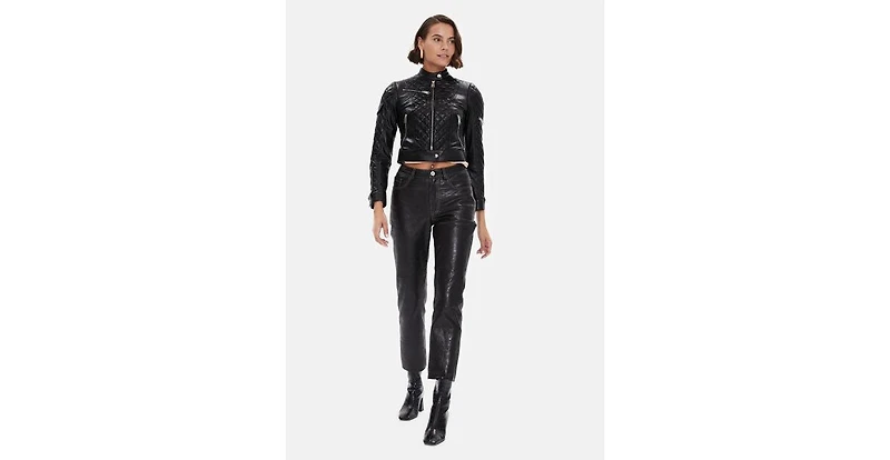 Furniq Uk Women's Cropped Leather Jacket, Black